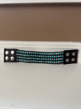 Yik Fung Beaded Leather Turquoise and Silver Adjustable Wide Wrap Bracelet
